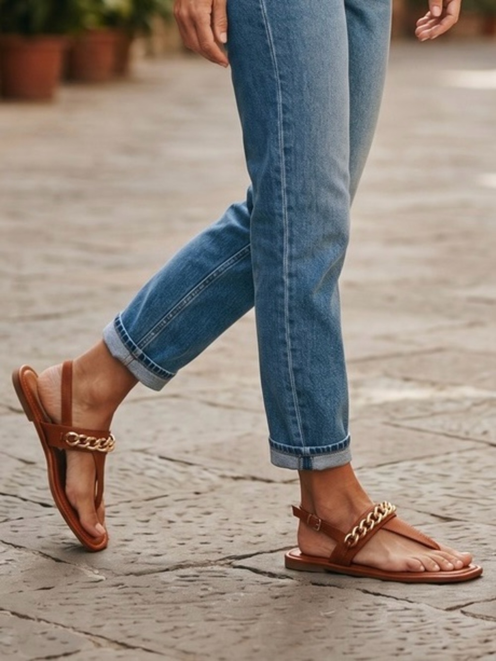 Primark Tan Gold Chain Thong Ankle Strap Flat Sandals Size 9 - Picture 2 of 6